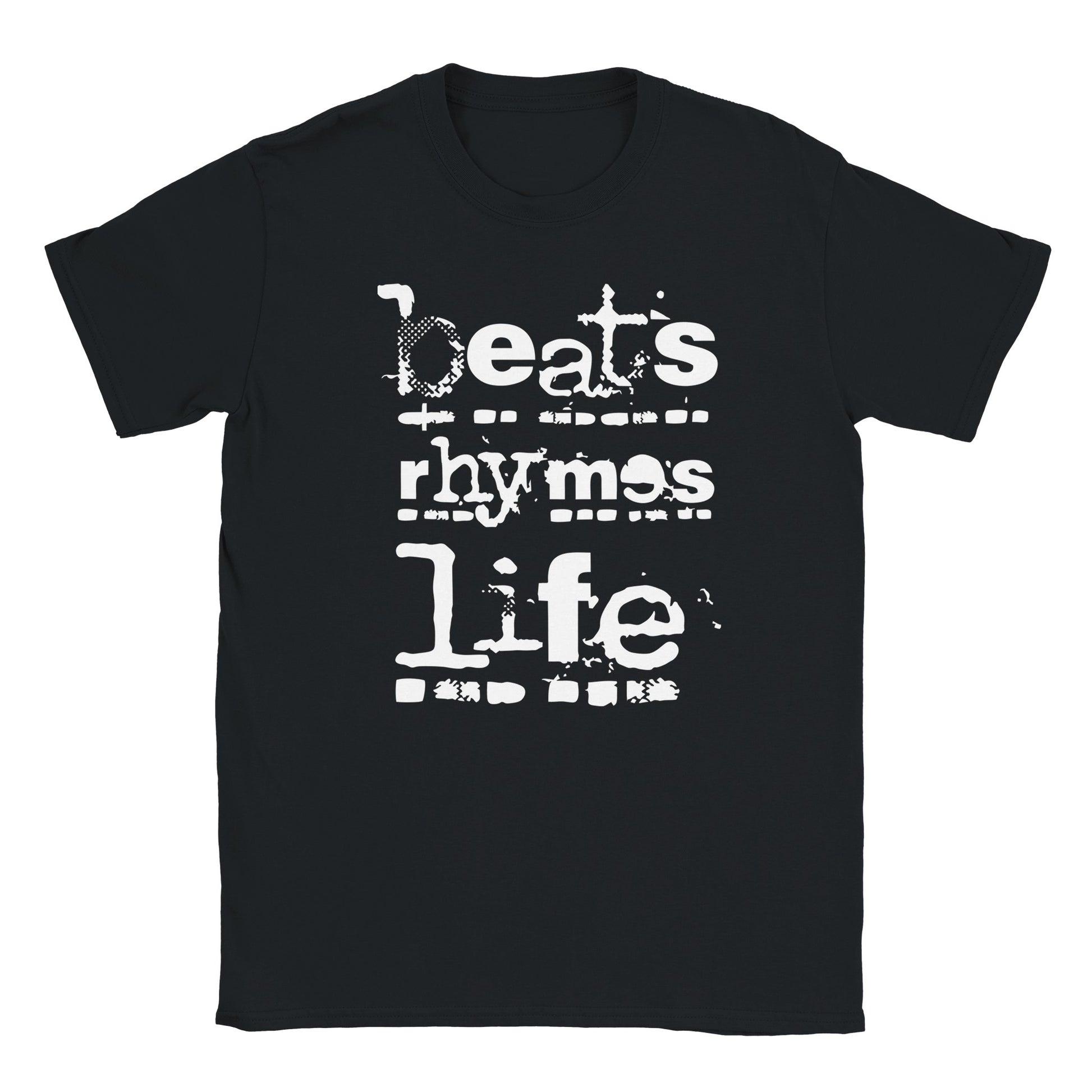 Black T-shirt with distressed white “beats rhymes life” lettering in a grunge-glitch style – Monochrome Distortion Drop by Two Souls Inc.
