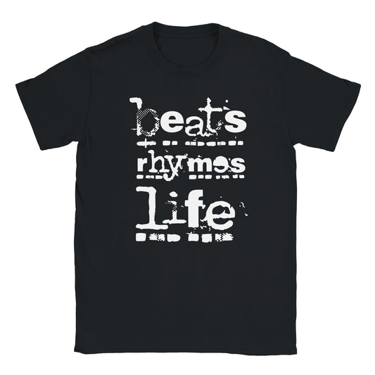 Black T-shirt with distressed white “beats rhymes life” lettering in a grunge-glitch style – Monochrome Distortion Drop by Two Souls Inc.

