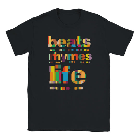 Black T-shirt featuring a bold multicolor “Beats Rhymes Life” text design in a mosaic collage style – Mosaic Edition by Two Souls Inc.