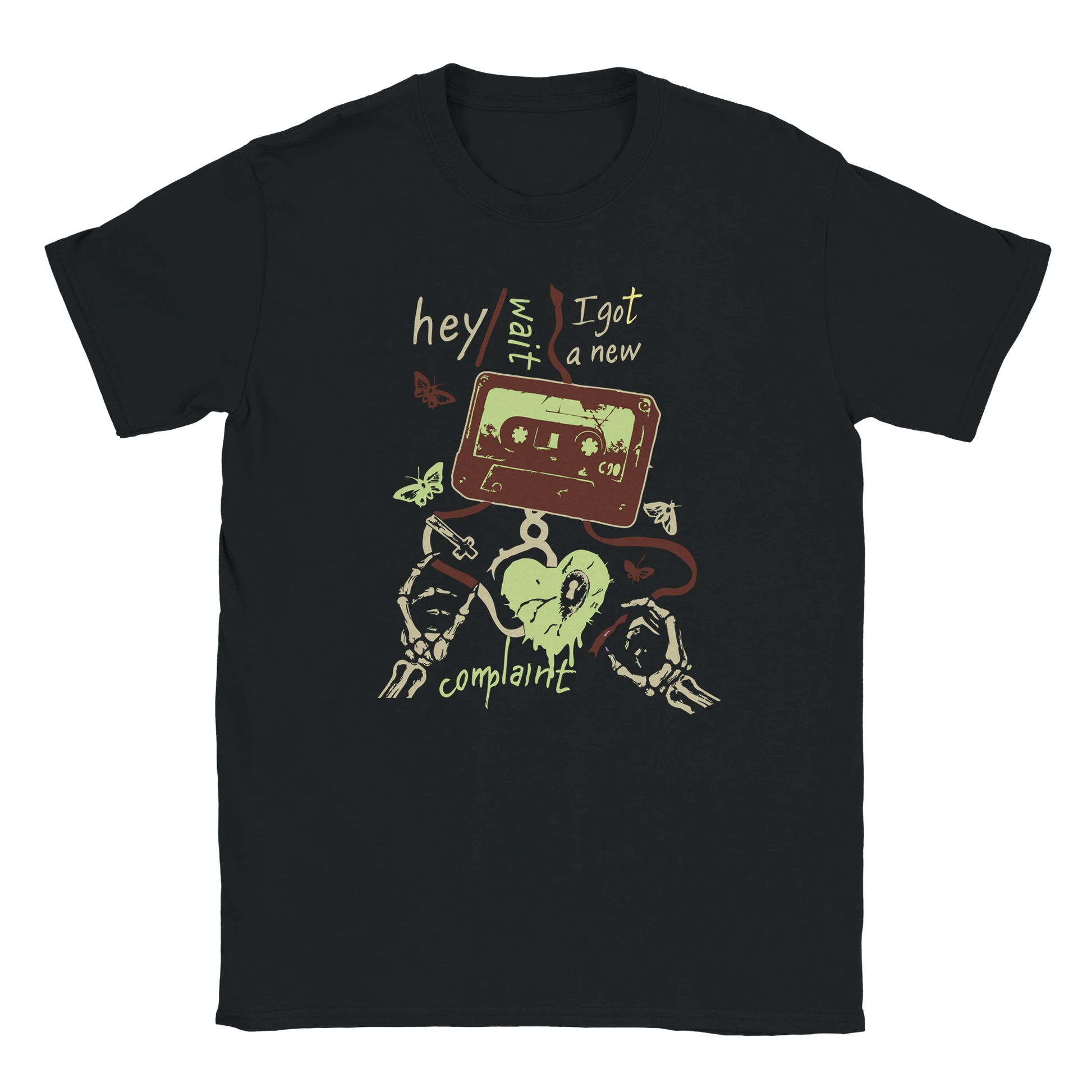 Black oversized streetwear T-shirt with Hey Wait Cassette graphic featuring cassette tape, skeleton hands, and grunge design