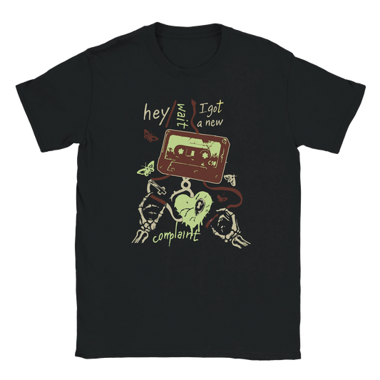 Black oversized streetwear T-shirt with Hey Wait Cassette graphic featuring cassette tape, skeleton hands, and grunge design
