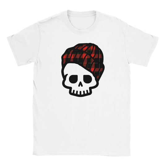 "Cartoon skull graphic wearing a red-and-black plaid beanie on a white background—combining punk, grunge, and cozy streetwear style."

