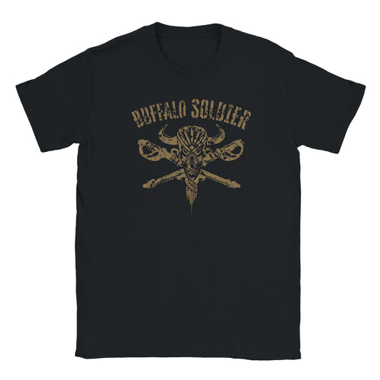 "Black t-shirt design with a tribal buffalo skull, crossed rifles, and bold arched text reading 'Buffalo Soldier'—symbolizing historical courage, strength, and Black military legacy."
