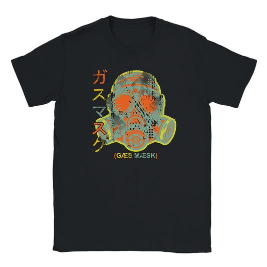 "Futuristic t-shirt design featuring a neon-colored gas mask with Japanese katakana and the words '(GAS MASK)' below, in a halftone, glitchwave style—blending cyberpunk and survivalist fashion."

