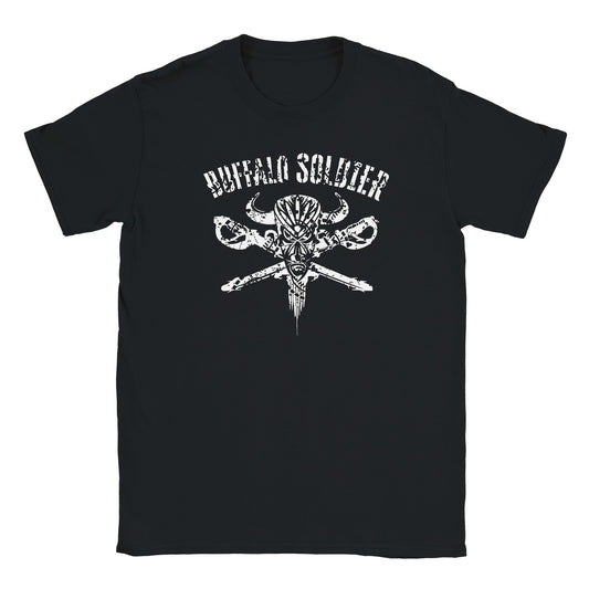 "Black t-shirt design with a tribal buffalo skull, crossed rifles, and bold arched text reading 'Buffalo Soldier'—symbolizing historical courage, strength, and Black military legacy."


