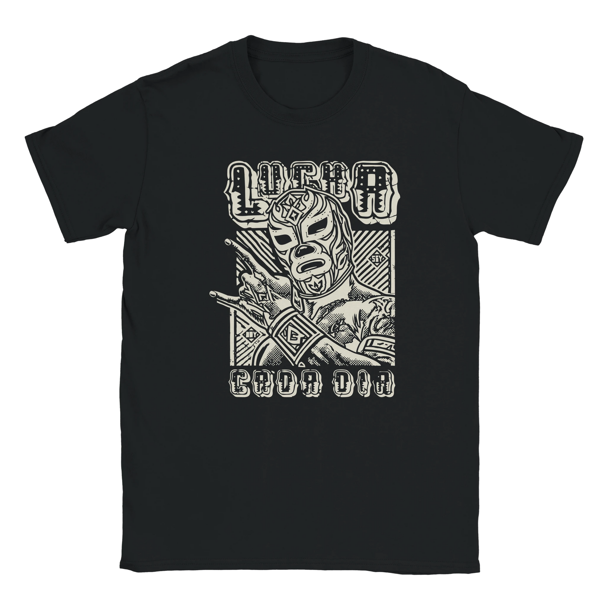Vintage lucha libre wrestling graphic with masked fighter and bold text “Lucha Cada Día” in eclectic grandpa streetwear style on oversized T-shirt