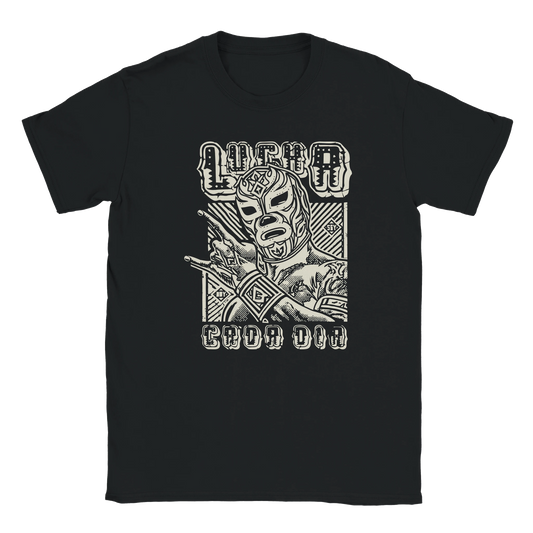 Vintage lucha libre wrestling graphic with masked fighter and bold text “Lucha Cada Día” in eclectic grandpa streetwear style on oversized T-shirt