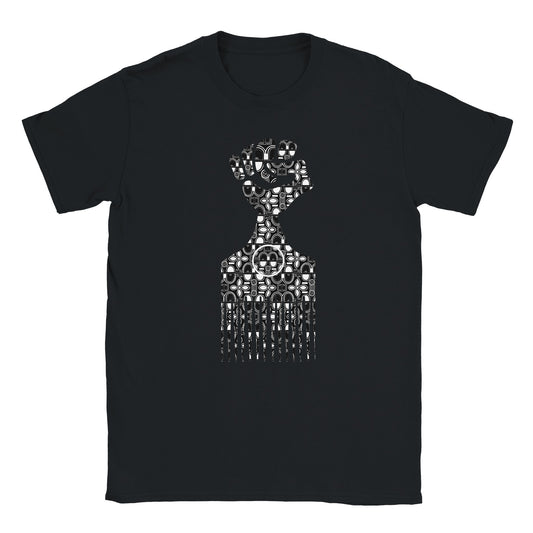 White patterned afro pick shaped like a raised fist on black streetwear tee