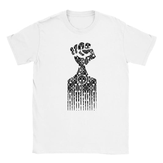 "Black distressed graphic on white shirt showing a raised fist forming the handle of an Afro hair pick, with subtle pan-African detailing—symbolizing Black pride, power, and cultural heritage."

