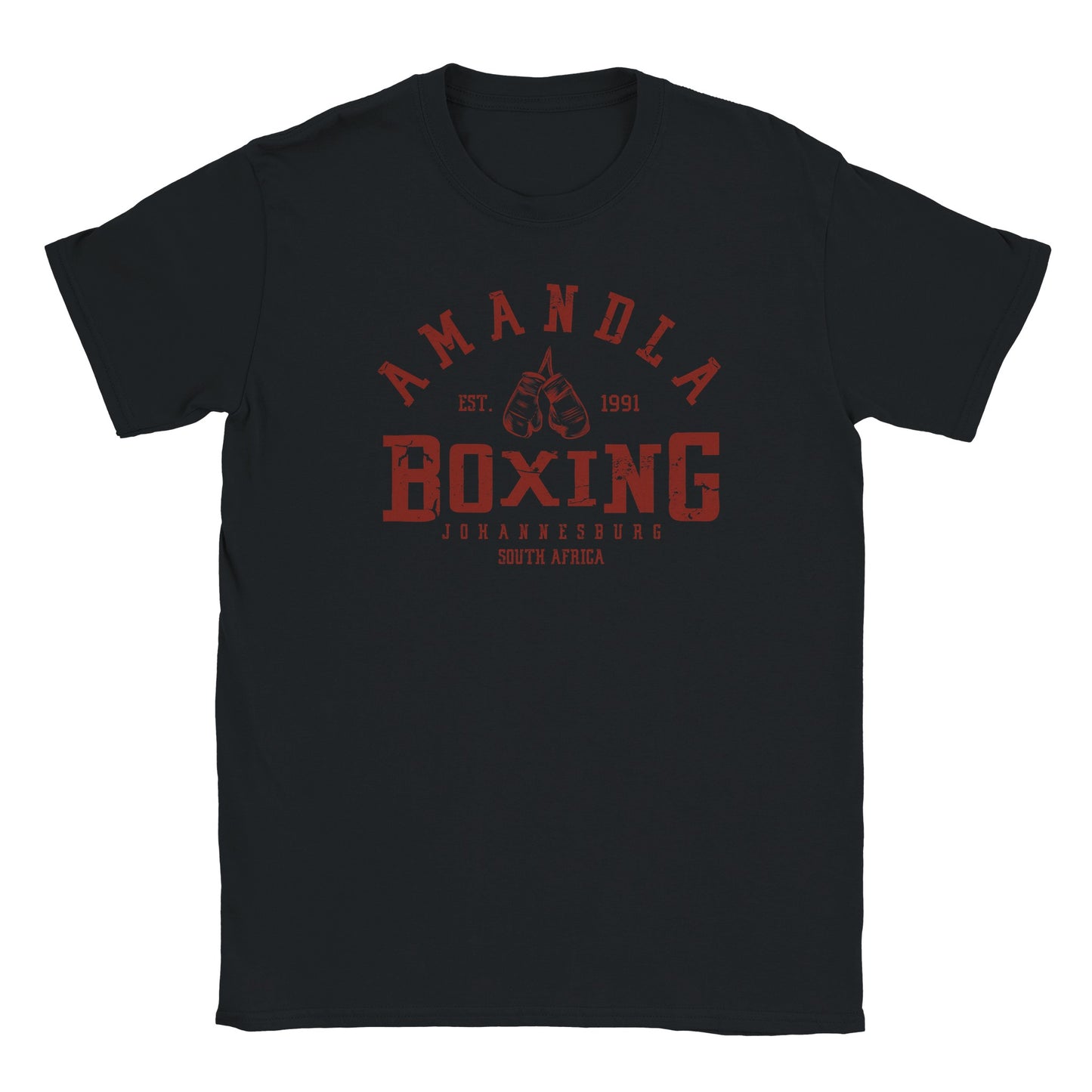 "Maroon-colored vintage boxing design on white shirt with the text 'Amandla Boxing' and 'Johannesburg, South Africa' featuring hanging gloves and established date—symbolizing strength, heritage, and South African pride."
