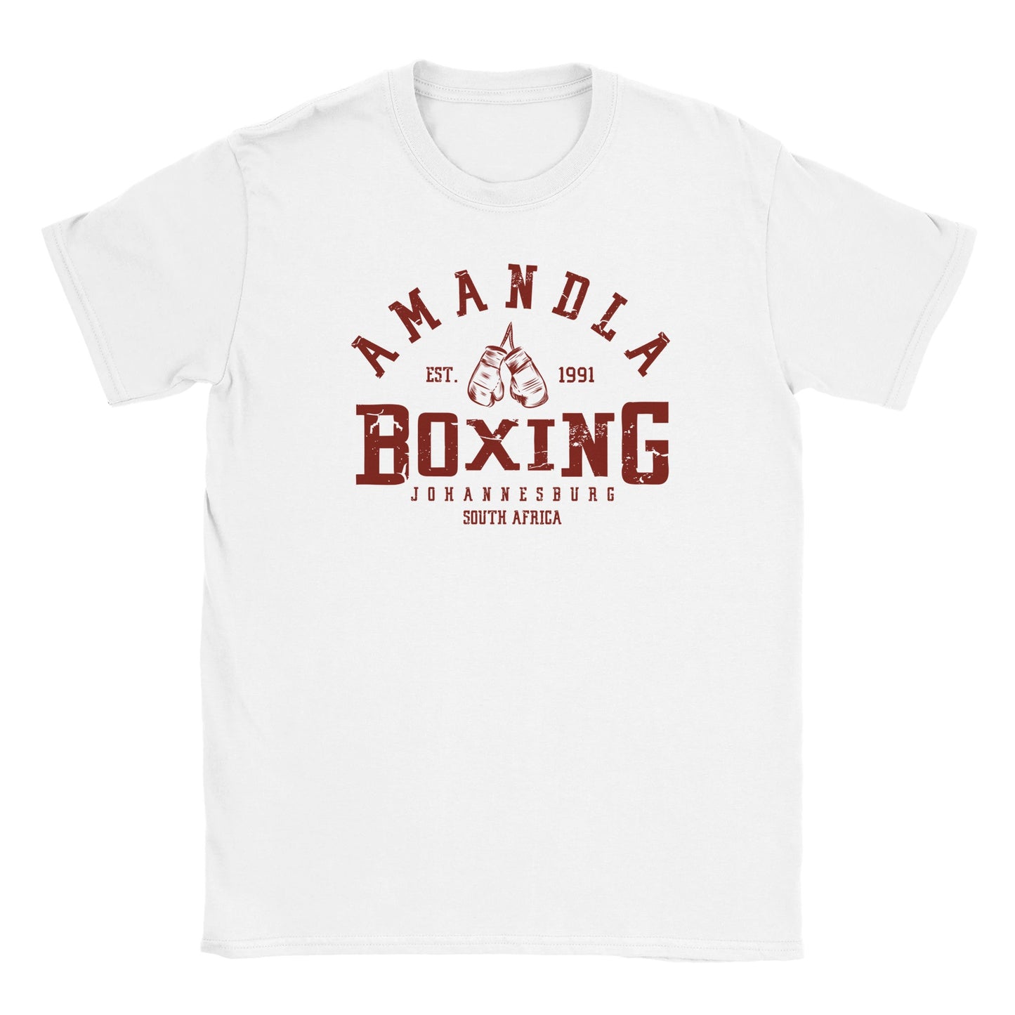 "Maroon-colored vintage boxing design on white shirt with the text 'Amandla Boxing' and 'Johannesburg, South Africa' featuring hanging gloves and established date—symbolizing strength, heritage, and South African pride."

