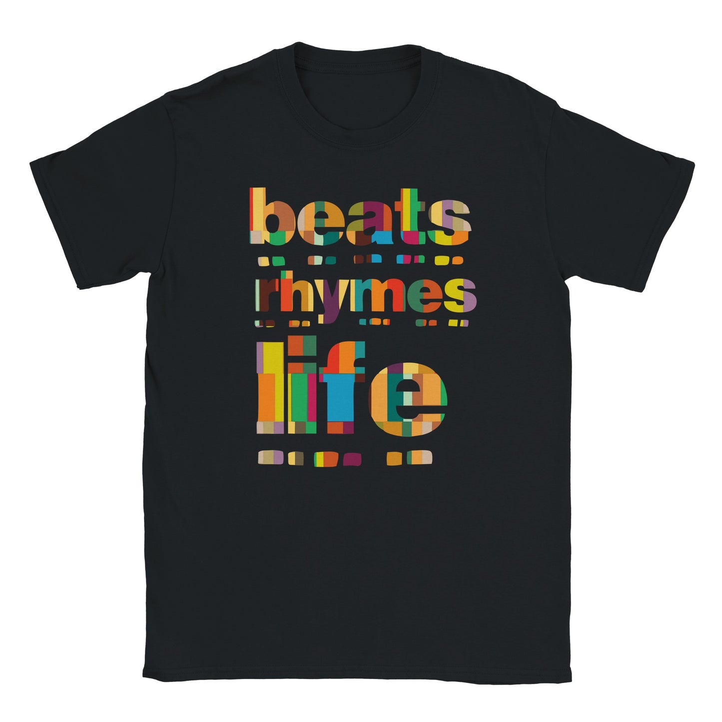 "Colorful mosaic-style t-shirt design with the words 'beats rhymes life' in bold stencil font filled with multicolor patchwork patterns—celebrating the vibrant, diverse energy of hip-hop culture."
