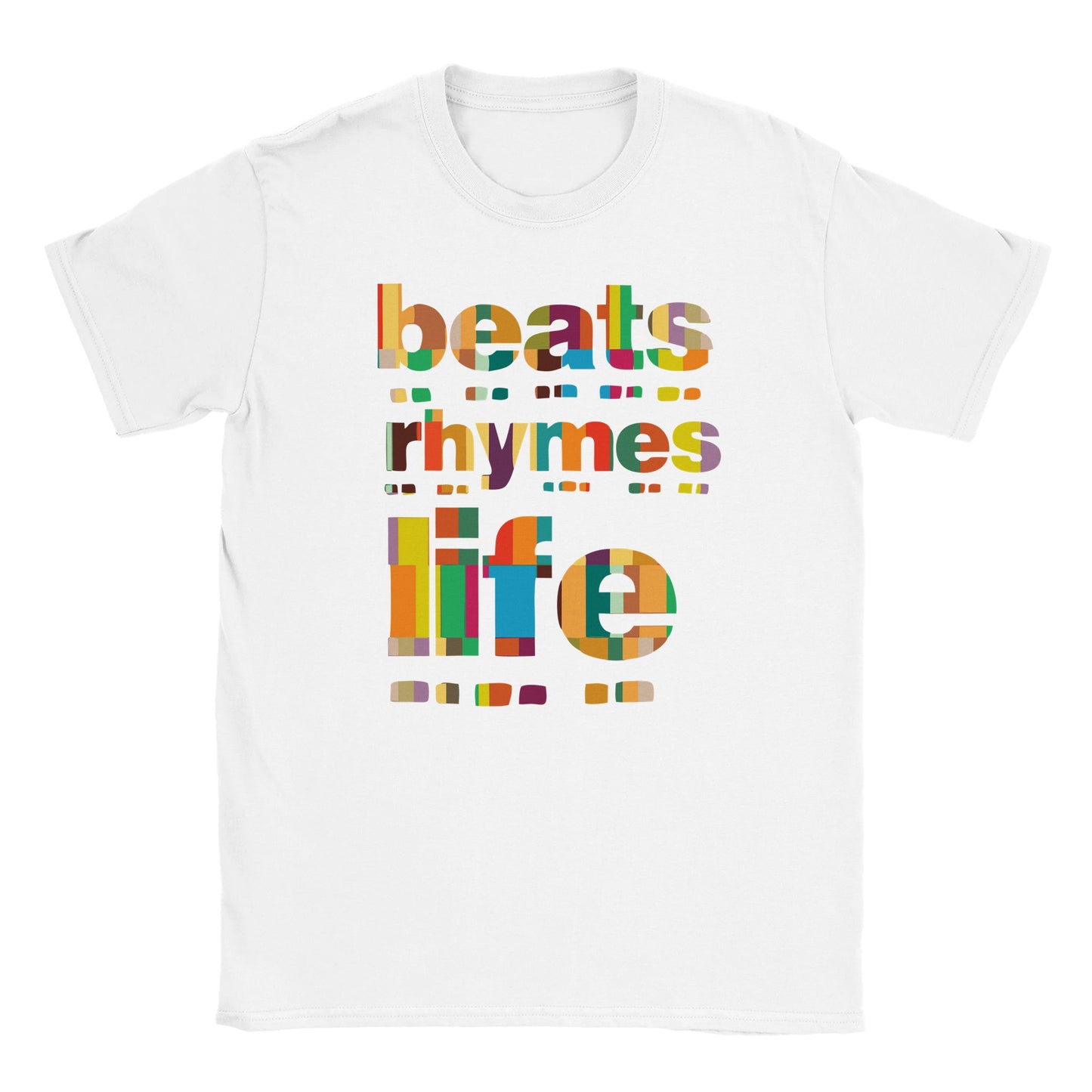 "Colorful mosaic-style t-shirt design with the words 'beats rhymes life' in bold stencil font filled with multicolor patchwork patterns—celebrating the vibrant, diverse energy of hip-hop culture."

