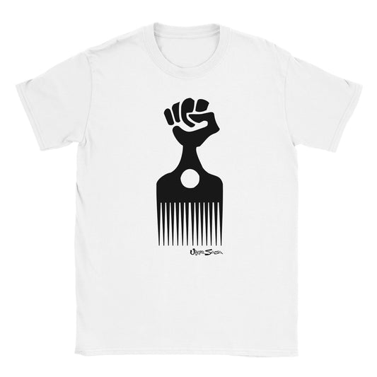 "black graphic on white shirt showing a raised fist forming the handle of an Afro hair pick, with subtle pan-African detailing—symbolizing Black pride, power, and cultural heritage."
