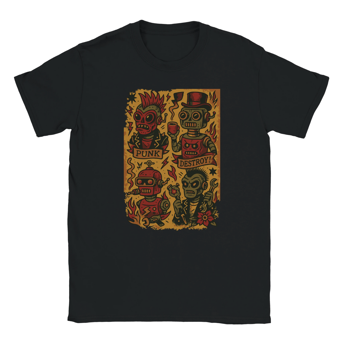 Retro punk robot streetwear graphic with distressed cartoon robots, eclectic grandpa grunge aesthetic on oversized T-shirt