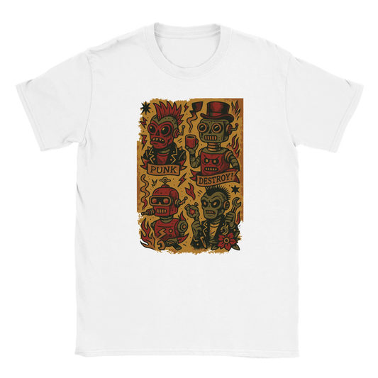 Retro punk robot streetwear graphic with distressed cartoon robots, eclectic grandpa grunge aesthetic on oversized T-shirt