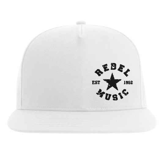 "White snapback hat with distressed black star at center, surrounded by black text reading 'Rebel Music' and 'EST 1952'—blending vintage rebellion with modern streetwear style."