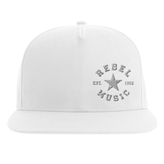 "White snapback hat with distressed white star at center, surrounded by white  text reading 'Rebel Music' and 'EST 1952'—blending vintage rebellion with modern streetwear style."