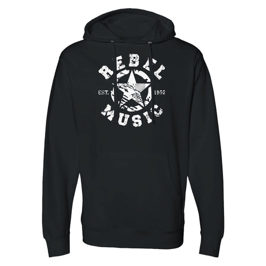 "Grunge-style black graphic on white hoodie featuring the words 'Rebel Music' in distressed stencil font, with a central star and eagle symbol, and 'EST. 1952' text—representing resistance through music and underground streetwear culture."
