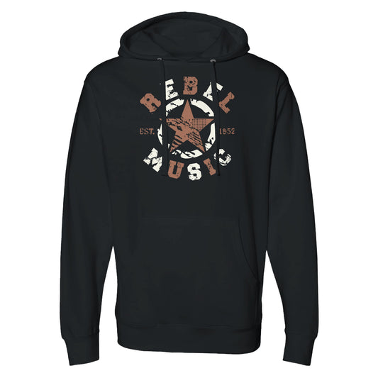 "Grunge-style black graphic on white hoodie featuring the words 'Rebel Music' in distressed stencil font, with a central star and eagle symbol, and 'EST. 1952' text—representing resistance through music and underground streetwear culture."