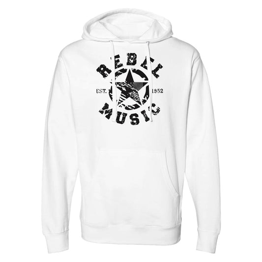 "Grunge-style black graphic on white hoodie featuring the words 'Rebel Music' in distressed stencil font, with a central star and eagle symbol, and 'EST. 1952' text—representing resistance through music and underground streetwear culture."