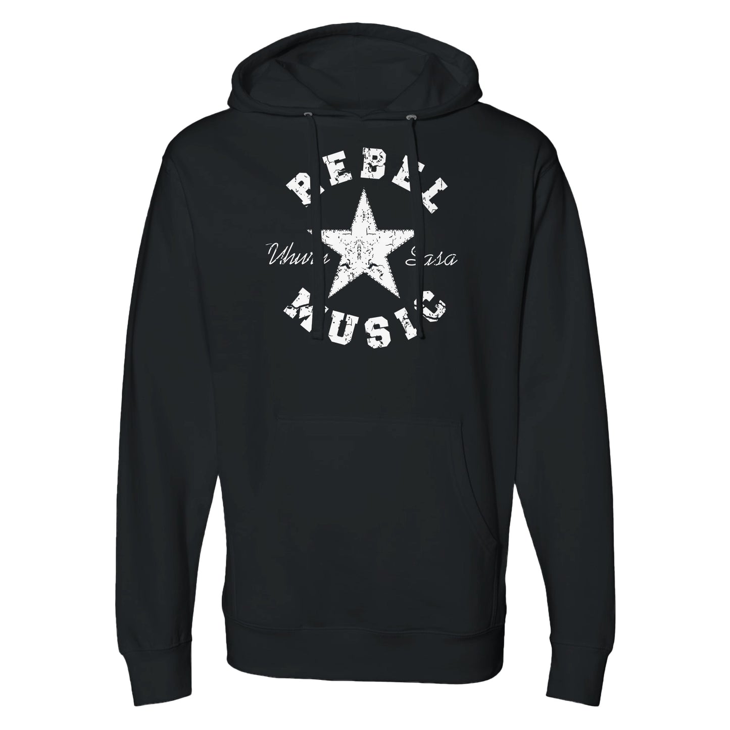 "Black hoodie with distressed white star, bold 'Rebel Music' text above and below, and 'Uhuru Sasa' in script—representing bold, minimalist resistance and revolutionary streetwear."


