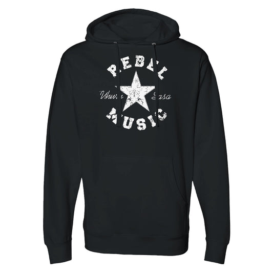"Black hoodie with distressed white star, bold 'Rebel Music' text above and below, and 'Uhuru Sasa' in script—representing bold, minimalist resistance and revolutionary streetwear."

