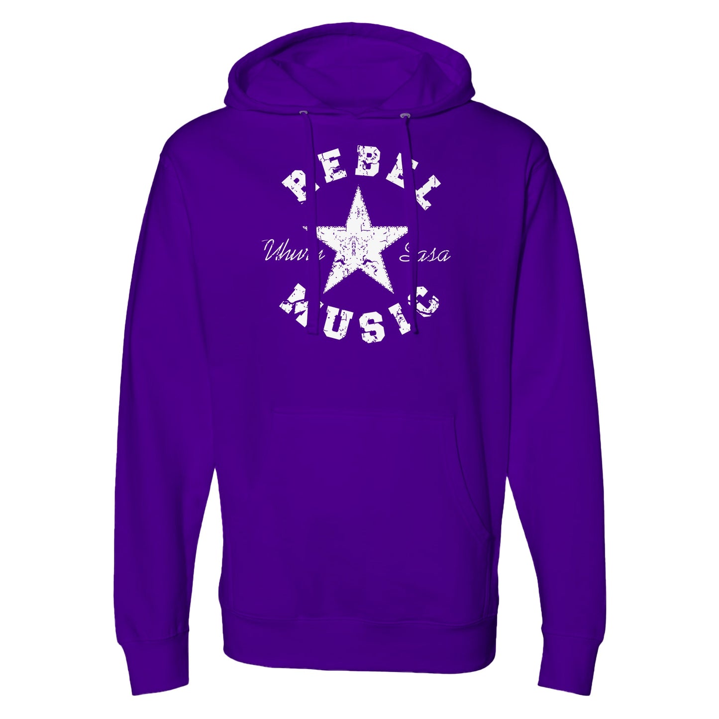 "Purple hoodie with distressed white star, bold 'Rebel Music' text above and below, and 'Uhuru Sasa' in script—representing bold, minimalist resistance and revolutionary streetwear."
