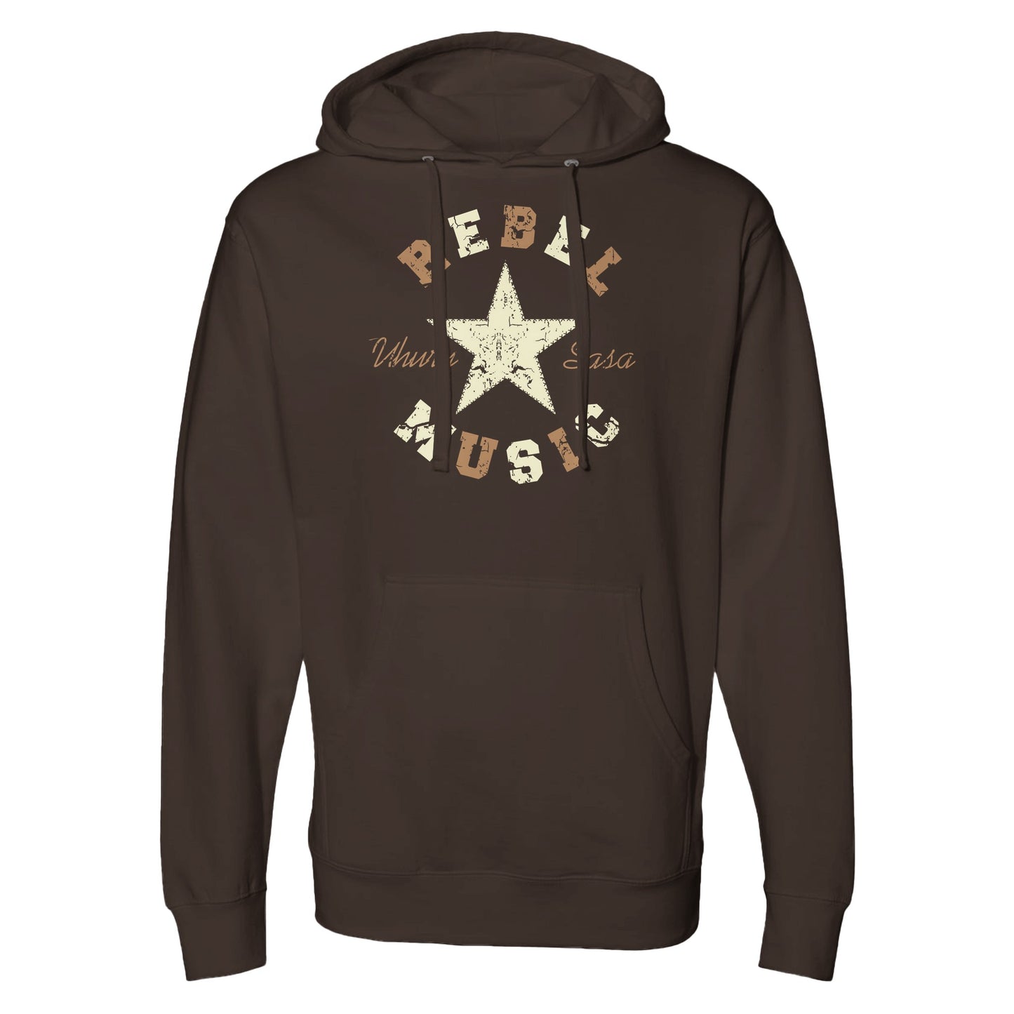"Brown hoodie with distressed off-white star graphic, tan and beige 'Rebel Music' text, and cursive 'Uhuru Sasa'—symbolizing earthy resistance and grounded revolutionary style."

