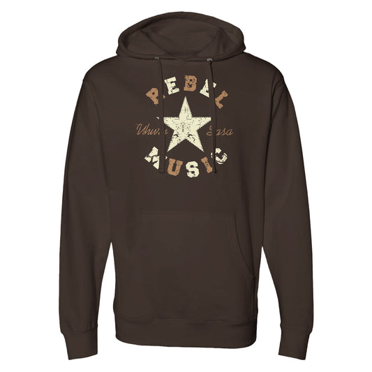 "Brown hoodie with distressed off-white star graphic, tan and beige 'Rebel Music' text, and cursive 'Uhuru Sasa'—symbolizing earthy resistance and grounded revolutionary style."

