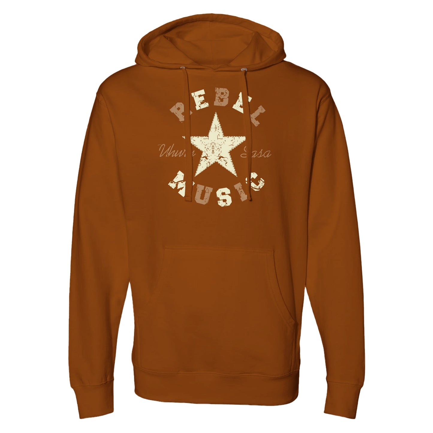 "Brown hoodie with distressed off-white star graphic, tan and beige 'Rebel Music' text, and cursive 'Uhuru Sasa'—symbolizing earthy resistance and grounded revolutionary style."
