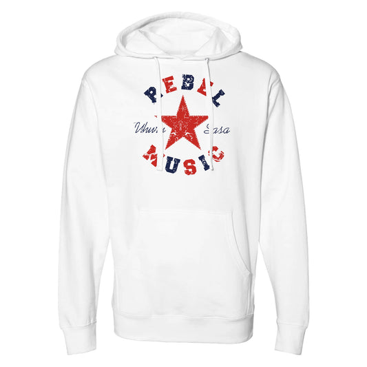 "White hoodie with a distressed red star graphic, navy and red 'Rebel Music' text surrounding it, and 'Uhuru Sasa' in cursive—symbolizing musical resistance, freedom, and revolutionary energy."

