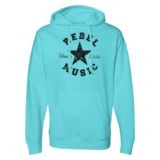 "Blue hoodie with distressed black star graphic, bold 'Rebel Music' text around it, and 'Uhuru Sasa' in script—symbolizing minimalist resistance and bold cultural expression."
