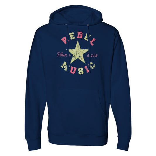"Navy hoodie with pastel graphic featuring a green distressed star, pink 'Rebel Music' text, and the phrase 'Uhuru Sasa' in cursive—blending soft color with a bold message of resistance."
