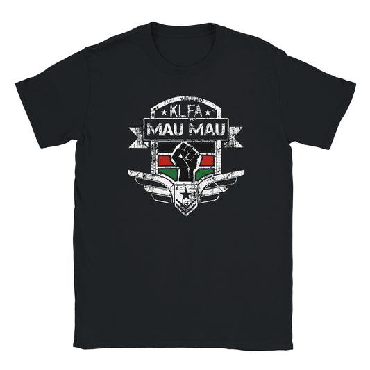 "Distressed crest-style design on a black shirt featuring the Kenyan flag, a raised fist, text 'KLFA Mau Mau', and military-style wings—honoring the Kenyan independence movement and revolutionary spirit."
