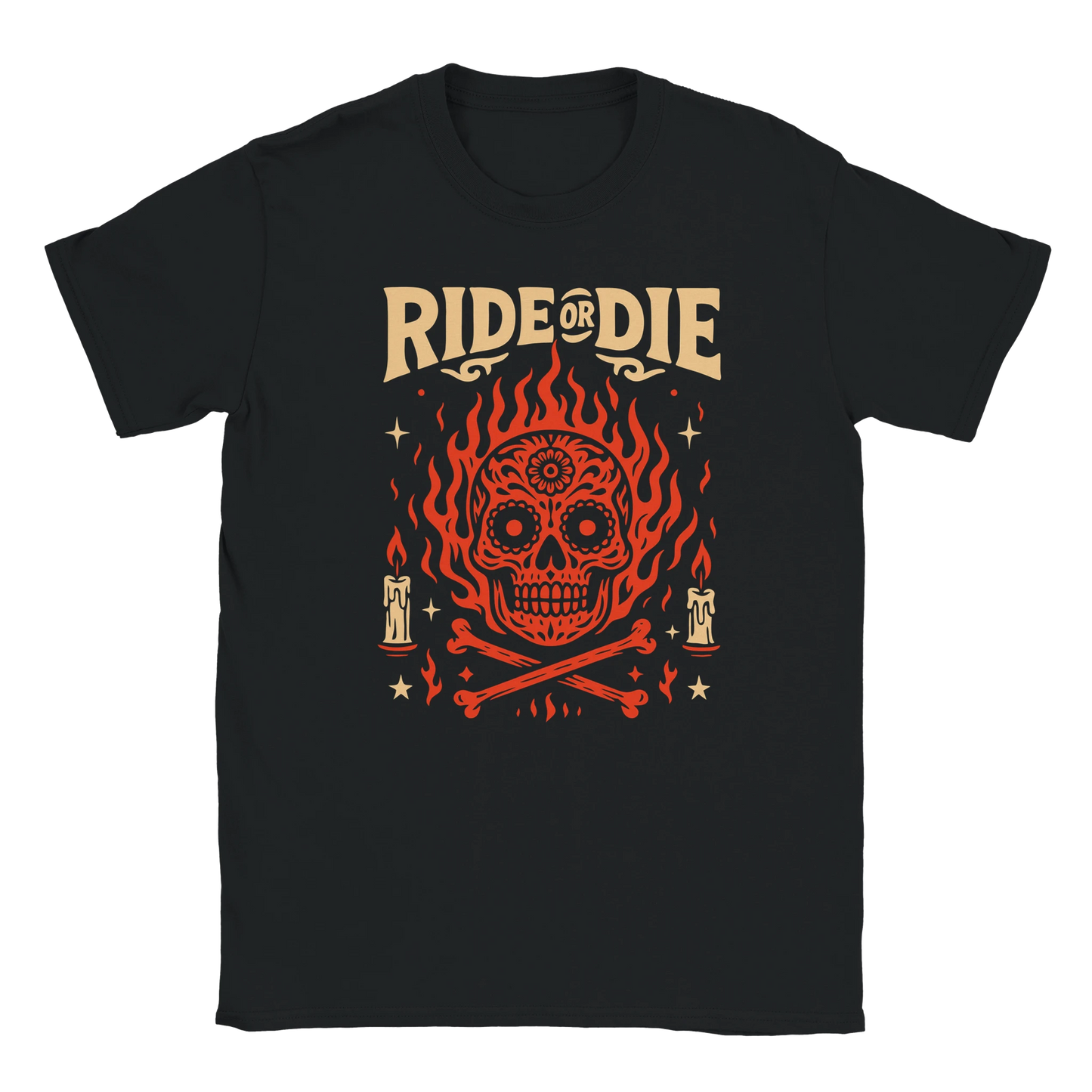 Ride or Die streetwear graphic with flaming sugar skull, bold retro typography, and gothic candle details on oversized Eclectic Grandpa style T-shirt