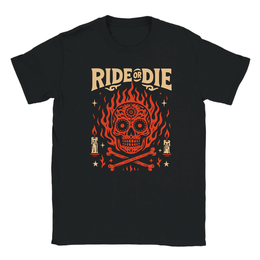Ride or Die streetwear graphic with flaming sugar skull, bold retro typography, and gothic candle details on oversized Eclectic Grandpa style T-shirt