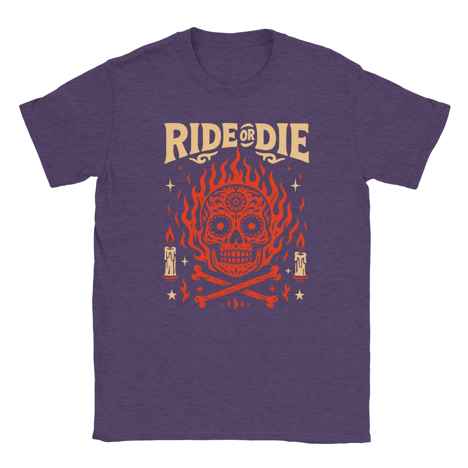 Ride or Die streetwear graphic with flaming sugar skull, bold retro typography, and gothic candle details on oversized Eclectic Grandpa style T-shirt