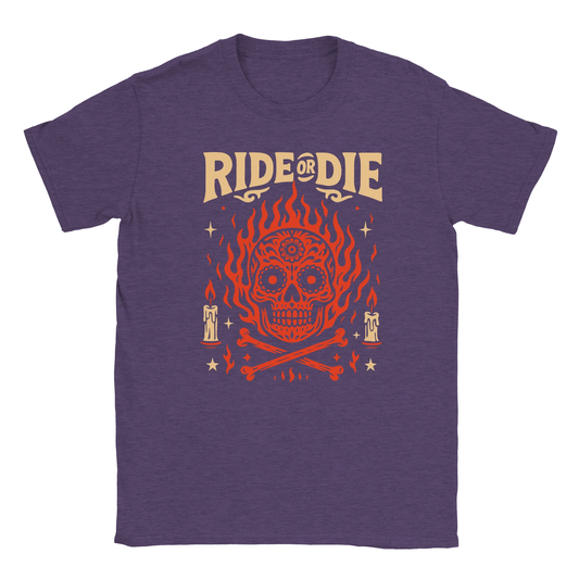 Ride or Die streetwear graphic with flaming sugar skull, bold retro typography, and gothic candle details on oversized Eclectic Grandpa style T-shirt