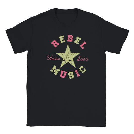 "Pastel graphic t-shirt design with distressed pink and green text reading 'Rebel Music' around a central star, and 'Uhuru Sasa' in script—symbolizing freedom, activism, and music-fueled resistance."
