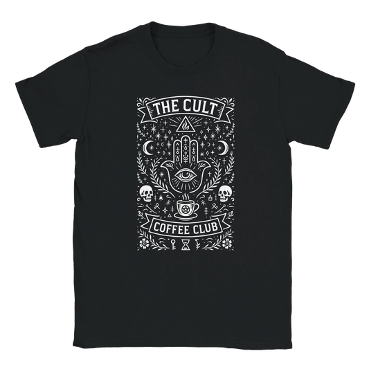 "Bold t-shirt design featuring esoteric symbols including a Hamsa hand, all-seeing eye, crescent moons, stars, and mystical patterns, with bold text reading 'The Cult' at the top and 'Coffee Club' at the bottom in occult-inspired typography."