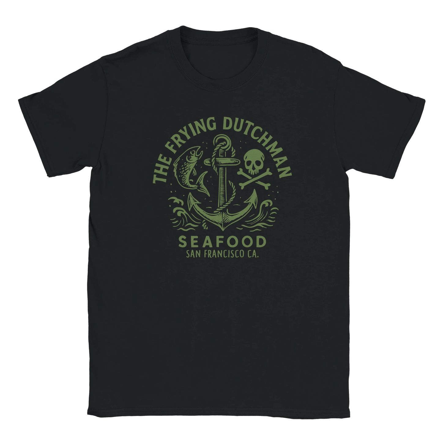 Vintage nautical seafood graphic featuring anchor, skull and crossbones, and fish with “The Frying Dutchman” lettering on oversized streetwear T-shirt