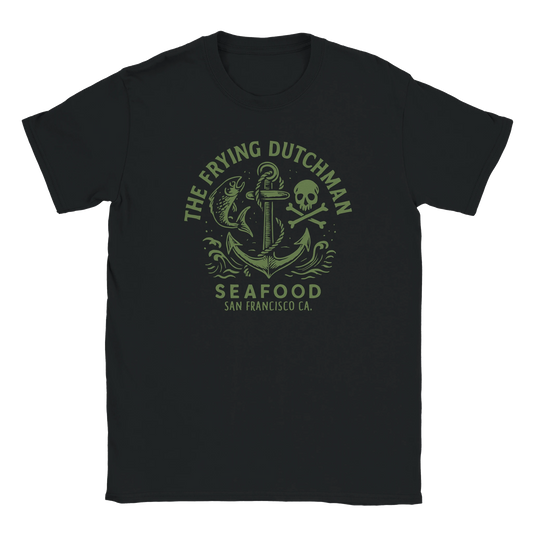 Vintage nautical seafood graphic featuring anchor, skull and crossbones, and fish with “The Frying Dutchman” lettering on oversized streetwear T-shirt