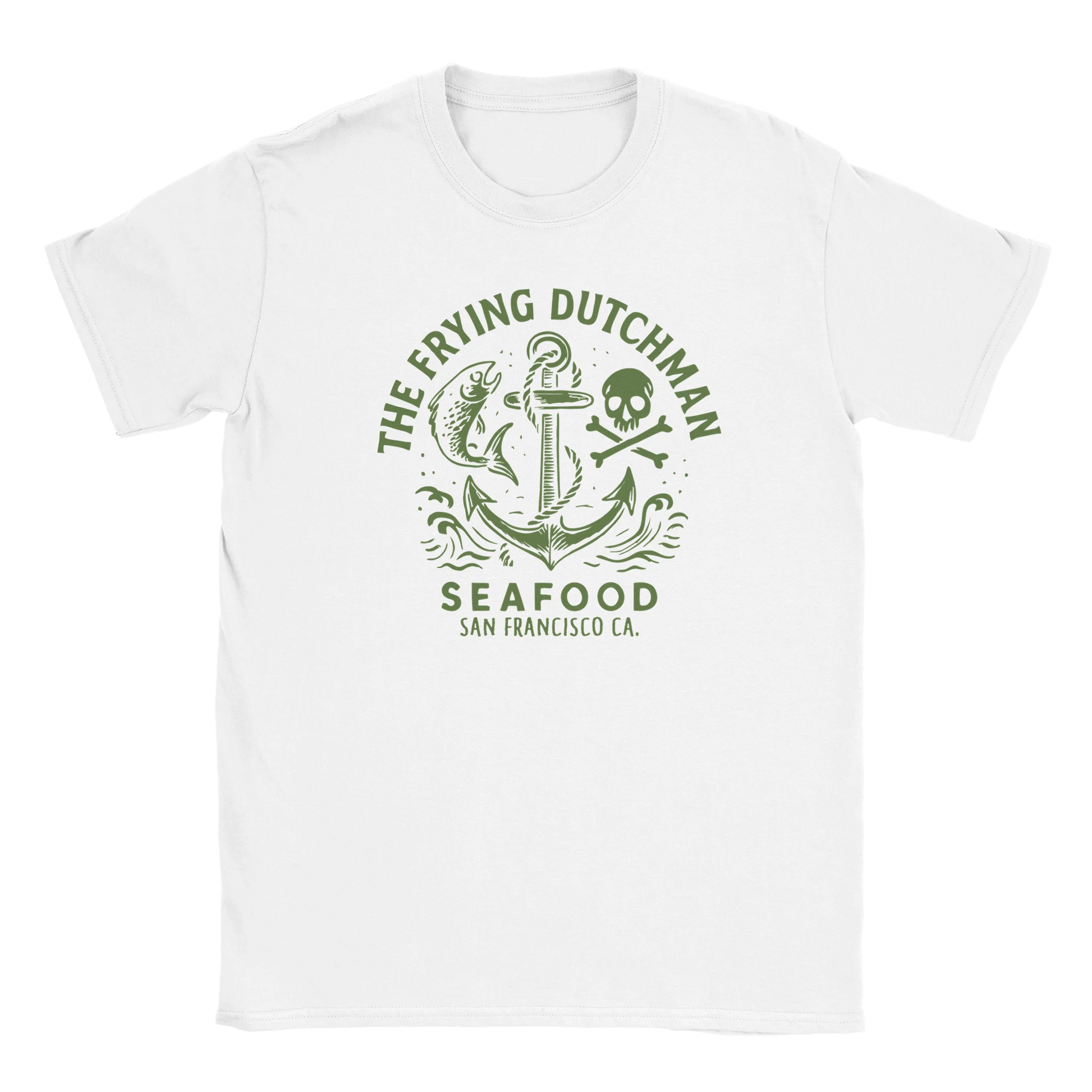 Vintage nautical seafood graphic featuring anchor, skull and crossbones, and fish with “The Frying Dutchman” lettering on oversized streetwear T-shirt