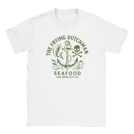 Vintage nautical seafood graphic featuring anchor, skull and crossbones, and fish with “The Frying Dutchman” lettering on oversized streetwear T-shirt