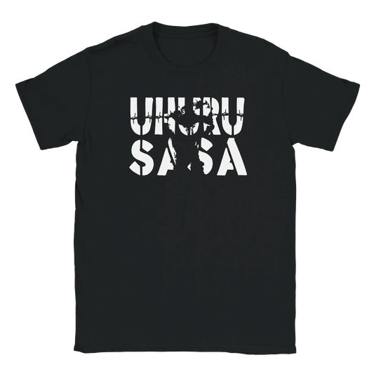 Graphic T-shirt design featuring bold “Uhuru Sasa” text in militant style, symbolizing Black liberation, Afrocentric pride, and revolutionary streetwear