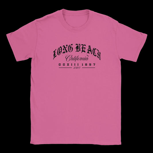 All Eyez on the LBC pink T-shirt with gothic Long Beach lettering and California streetwear design