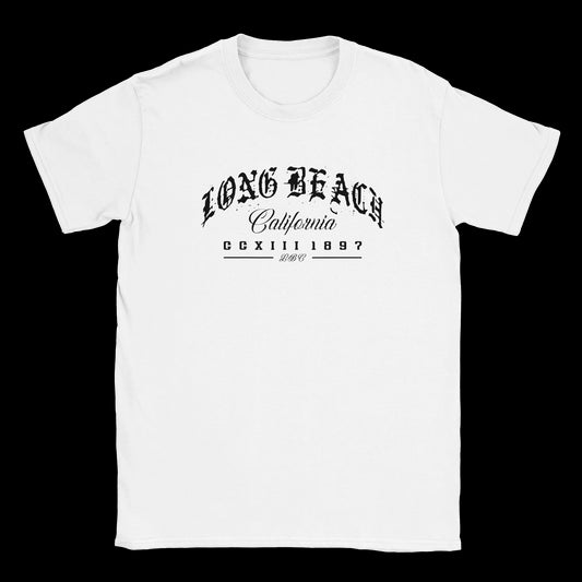 All Eyez on the LBC white T-shirt with gothic Long Beach lettering and California streetwear design