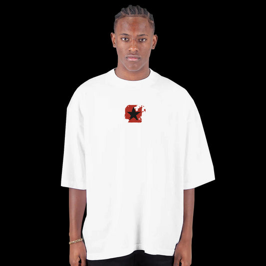 Anarchy Trigger T-shirt featuring a distressed black star over a red blast patch design front