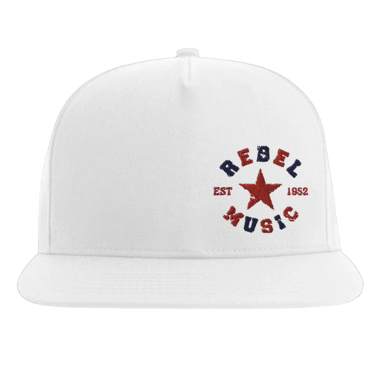 White snapback cap with red star and navy-red embroidered text reading "Rebel Music EST 1982" in bold streetwear style.